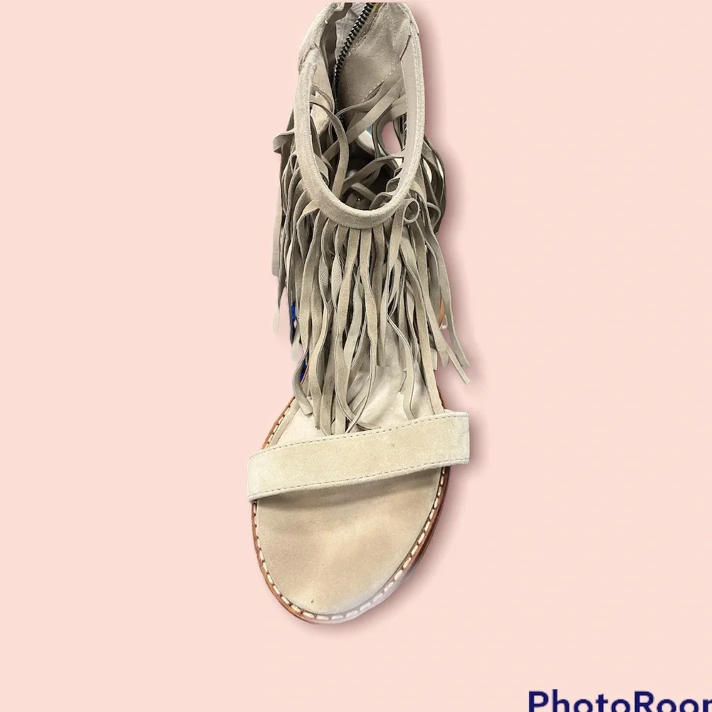 Sol Sana Fringe Suede Sandal Shoes - Tobi Heel - Size 8 taupe tan